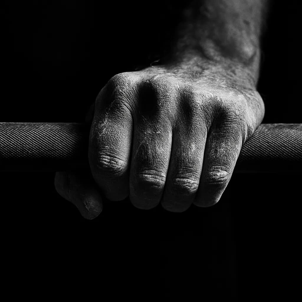 Chalked hands gripping barbell