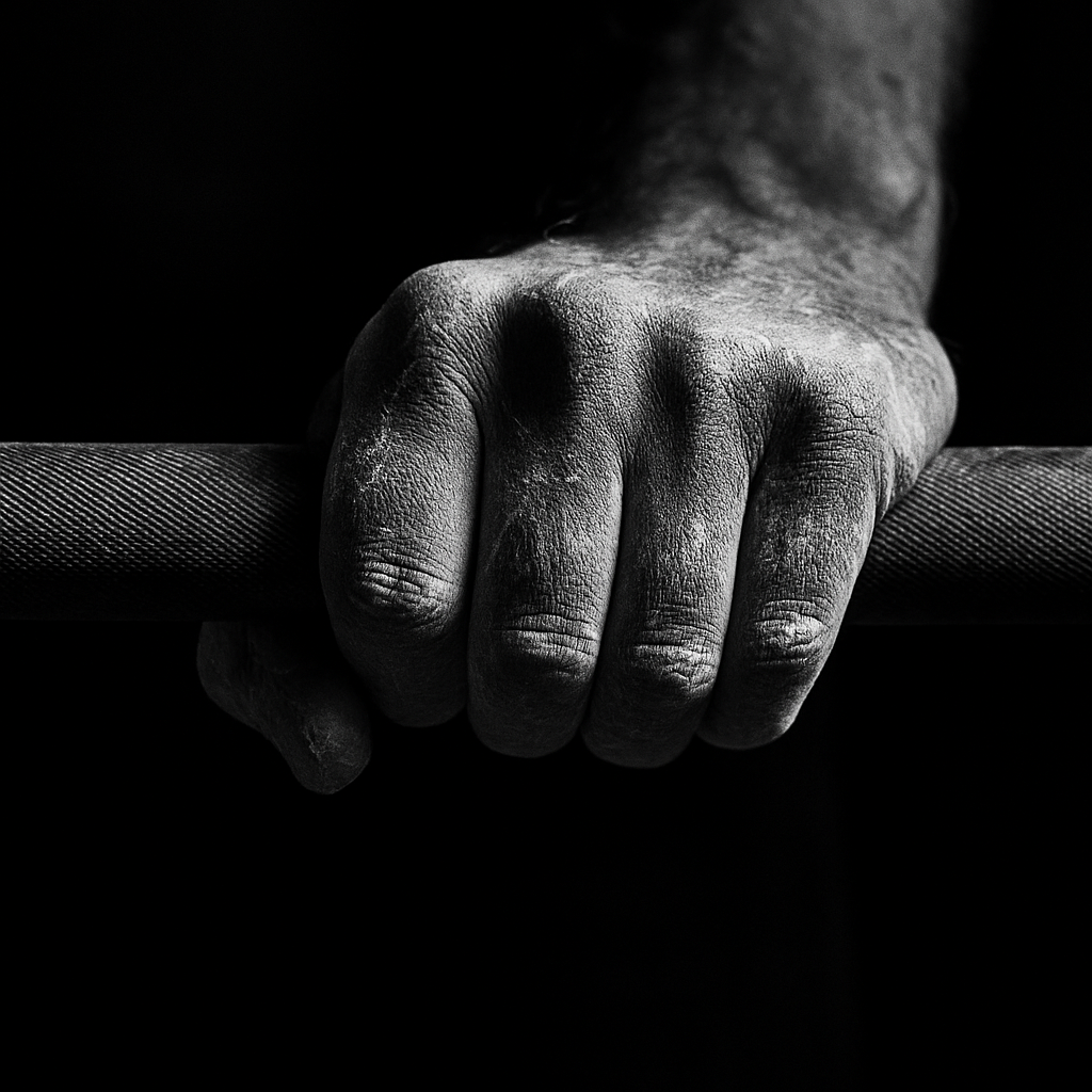 Chalked hands gripping barbell